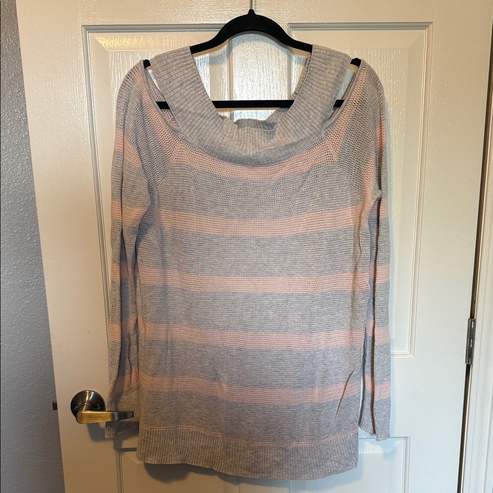 Maurices Gray and Light Pink Striped Off-the-Shoulder Sweater